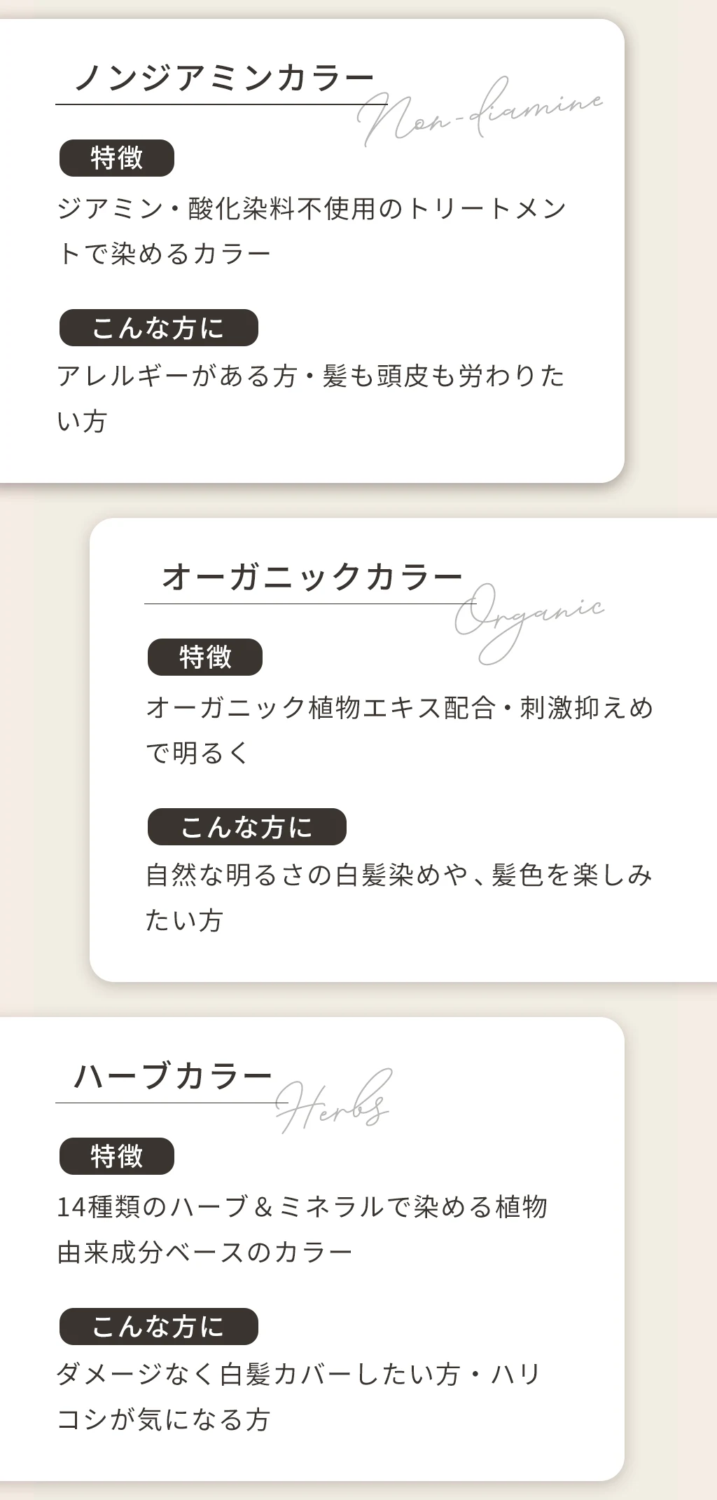 ノンジアミンカラーはジアミン・酸化染料不使用のトリートメントで染めるカラー。オーガニックカラーはオーガニック植物エキス配合で刺激抑えめ。ハーブカラーは14種類のハーブ&ミネラルで染める植物由来成分ベースのカラー