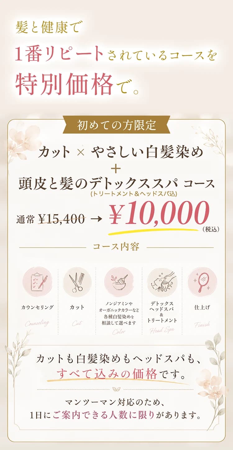 髪と健康で1番リピートされているコースを特別価格で。初めての方限定、カット×やさしい白髪染め+頭皮と髪のデトックススパコース。通常15,400円が10,000円(税込)。カットも白髪染めもヘッドスパもすべて込みの価格です