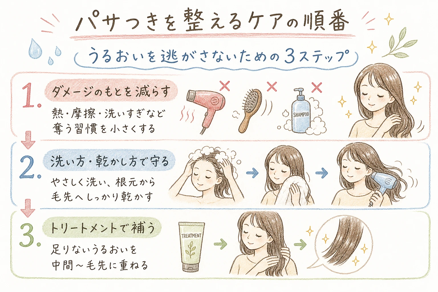 パサつきを整えるケアの順番｜うるおいを逃がさないための3ステップ