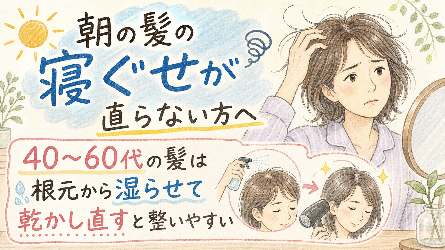 朝の寝ぐせが直らない方へ|40〜60代の髪の変化と根元から整える直し方の内容を示すアイソメトリック図解