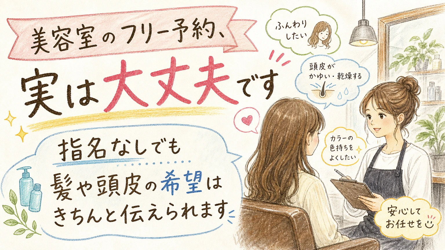 美容室のフリー予約は大丈夫?|指名なしで通うときの見るところの内容を示すアイソメトリック図解