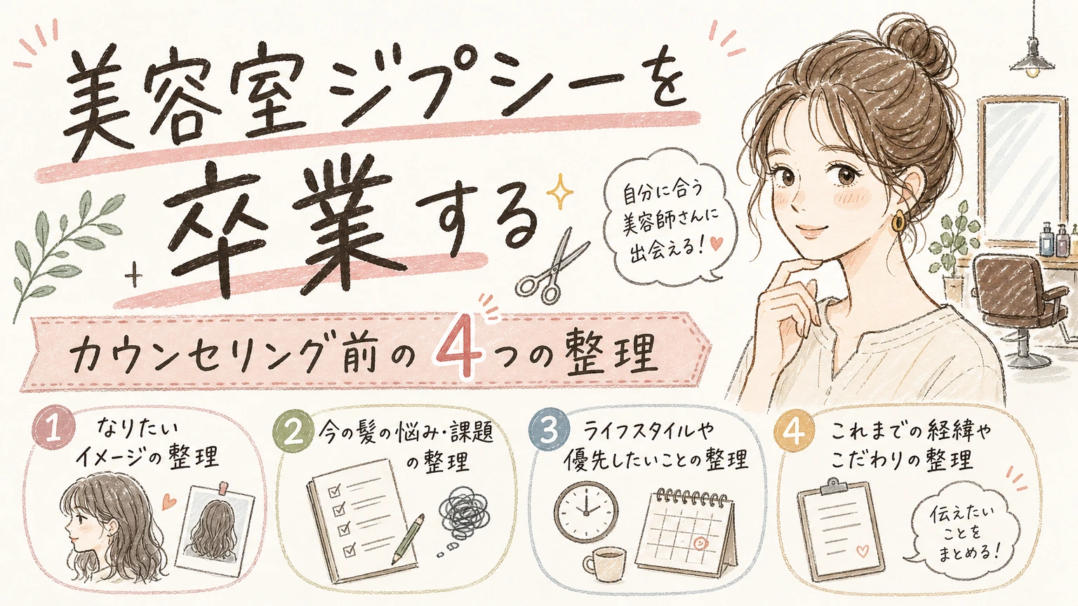 美容室ジプシーを卒業するためのカウンセリング前準備を示す手書きイラスト風のアイキャッチ