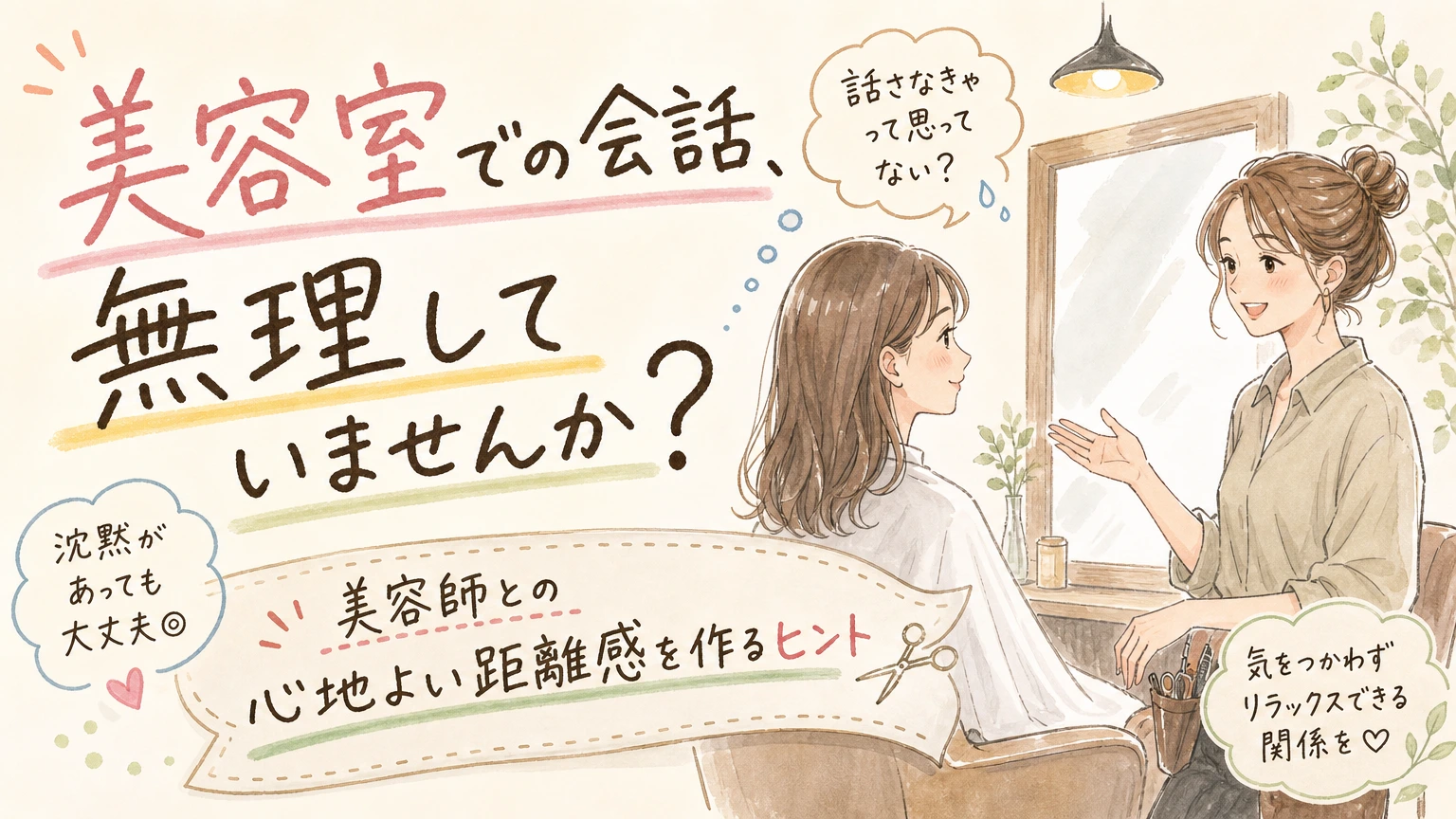 美容室での会話が心地よくない方へ|無理なく過ごせる距離感の作り方の内容を示すアイソメトリック図解