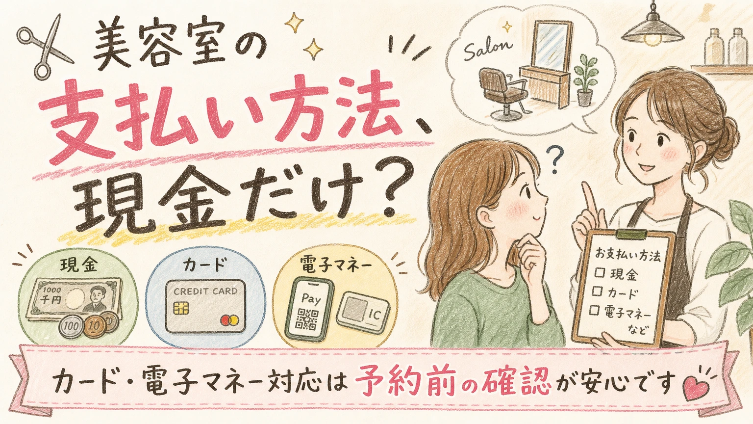 美容室の支払い方法が不安な方へ|予約前に確認したいポイントの内容を示すアイソメトリック図解