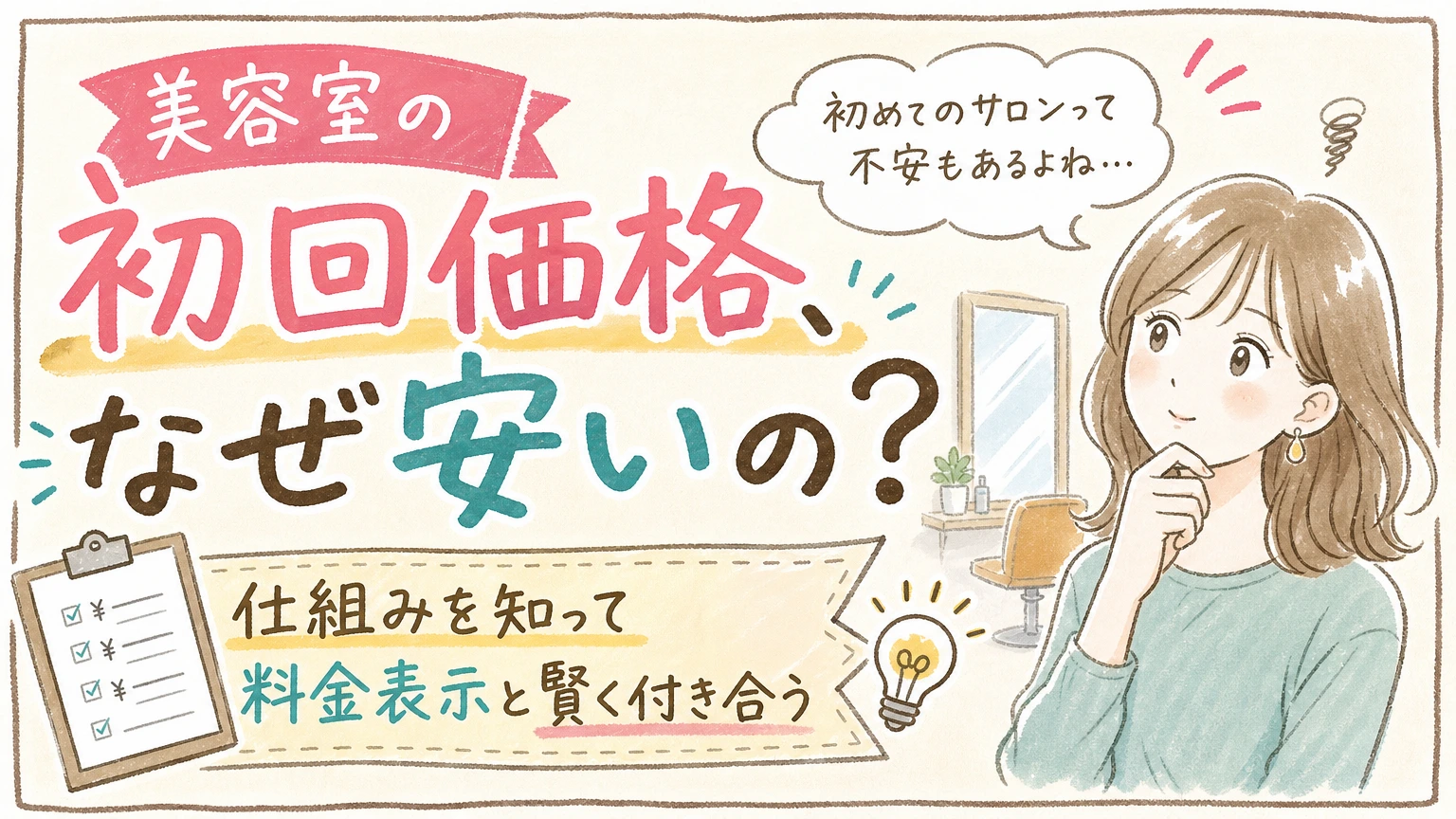 美容室の初回価格はなぜ安い?|仕組みと選び方のポイントの内容を示すアイソメトリック図解