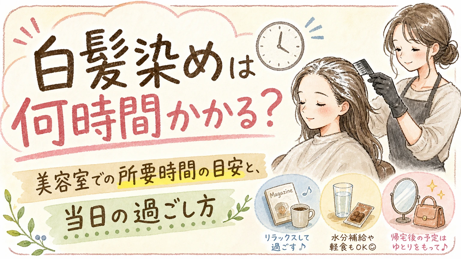 白髪染めとカットで何時間かかる?所要時間の目安と負担を抑える工夫の内容を示すアイソメトリック図解