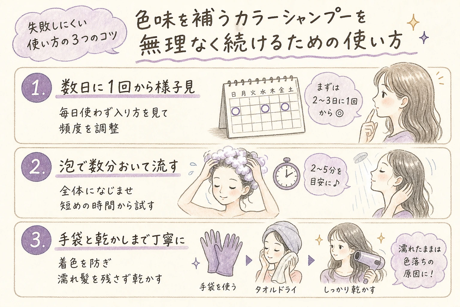 失敗しにくい使い方の3つのコツ｜色味を補うカラーシャンプーを無理なく続けるための使い方