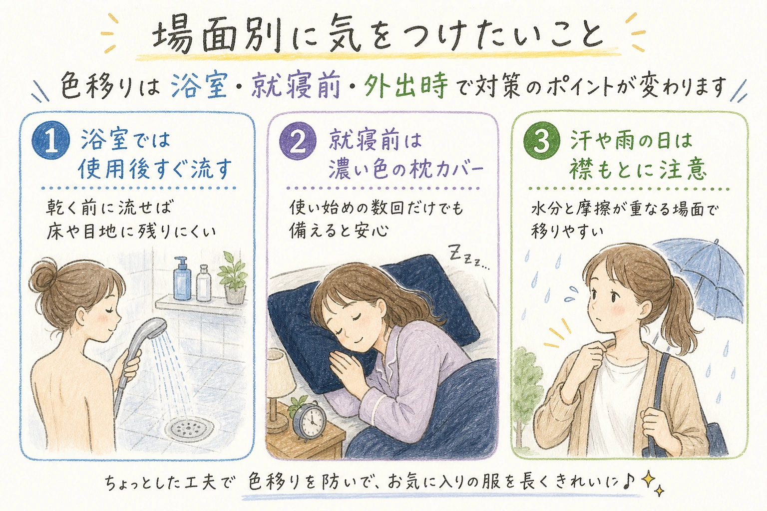 場面別に気をつけたいこと｜色移りは浴室・就寝前・外出時で対策のポイントが変わります