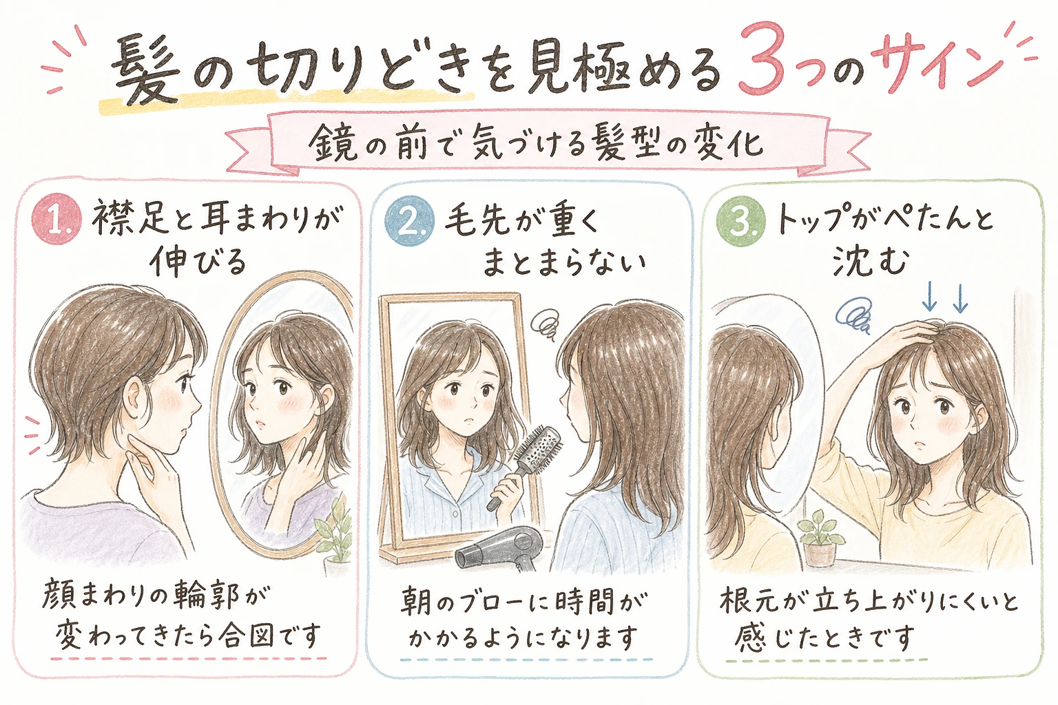 髪の切りどきを見極める3つのサイン｜鏡の前で気づける髪型の変化