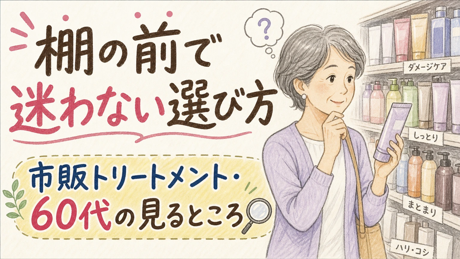 ドラッグストアのトリートメント選び｜60代が棚の前で見るところの内容を示すアイソメトリック図解