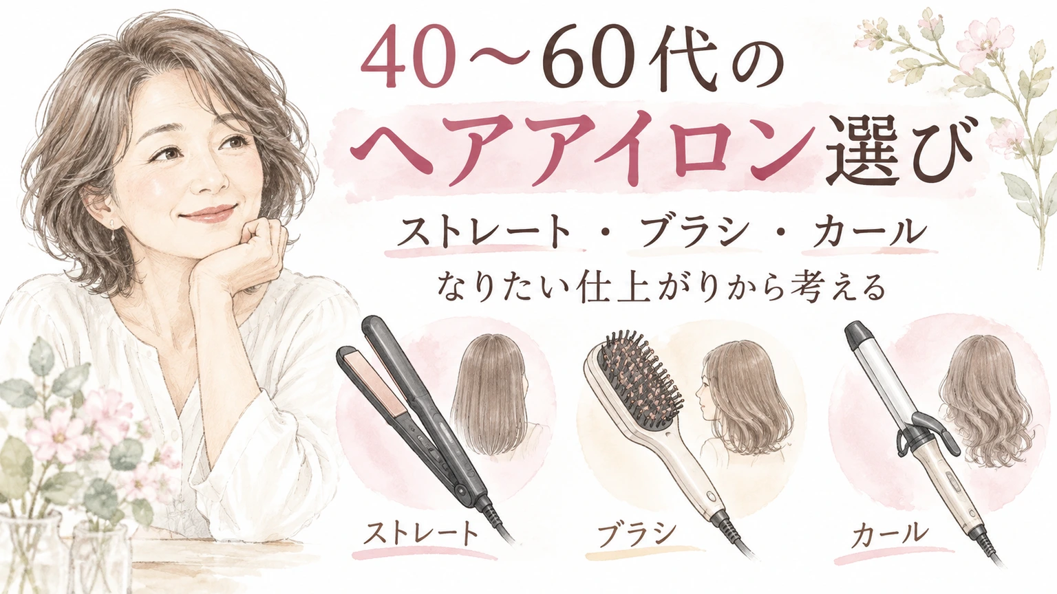 40〜60代のヘアアイロン選び|ストレート・ブラシ・カールの違いの内容を示すアイソメトリック図解