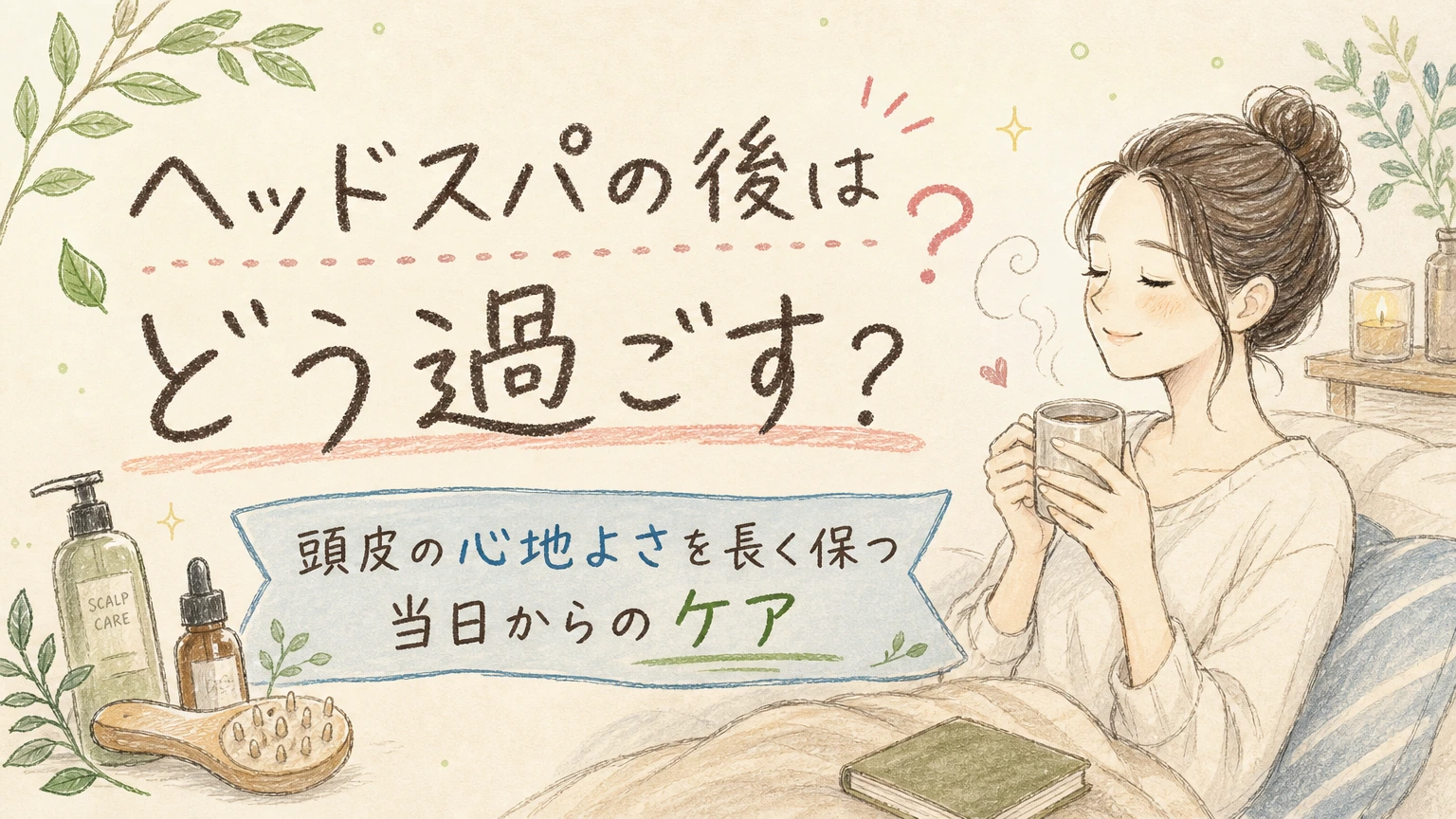 ヘッドスパの後はどう過ごす?心地よさを長く保つ当日からのケアの内容を示すアイソメトリック図解