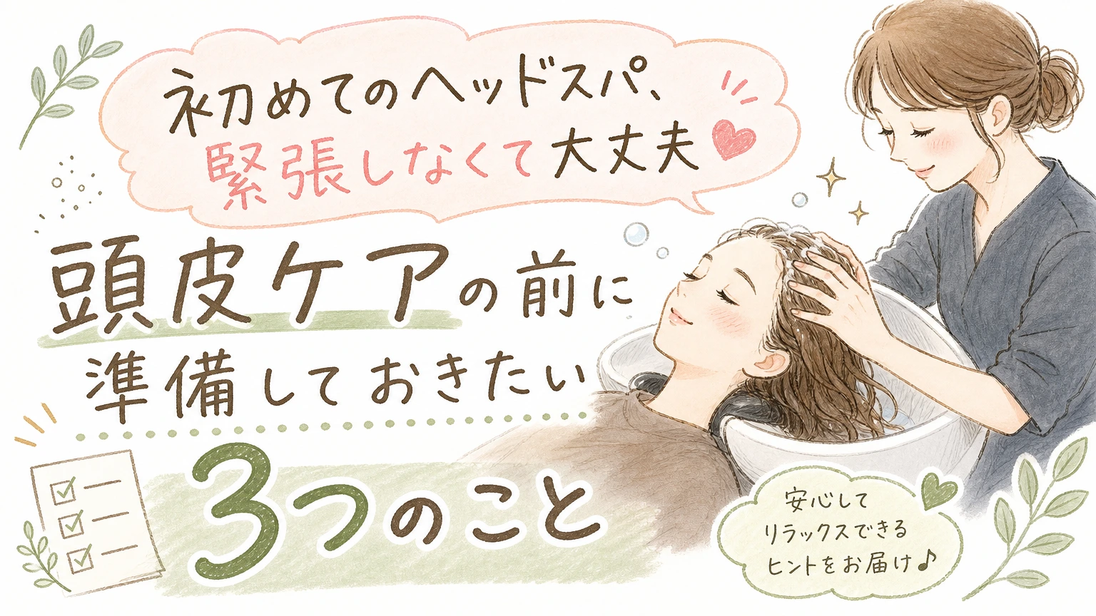 ヘッドスパを初めて受ける前に|準備しておきたいことと伝え方のコツの内容を示すアイソメトリック図解