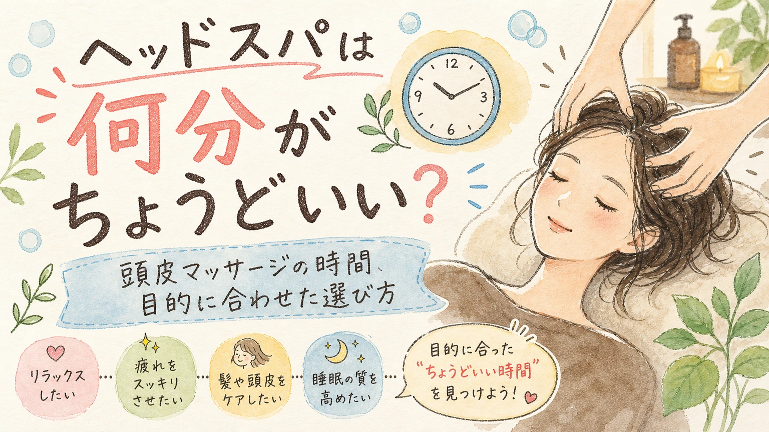 ヘッドスパは何分がちょうどいい?|時間の目安と当日の過ごし方の内容を示すアイソメトリック図解