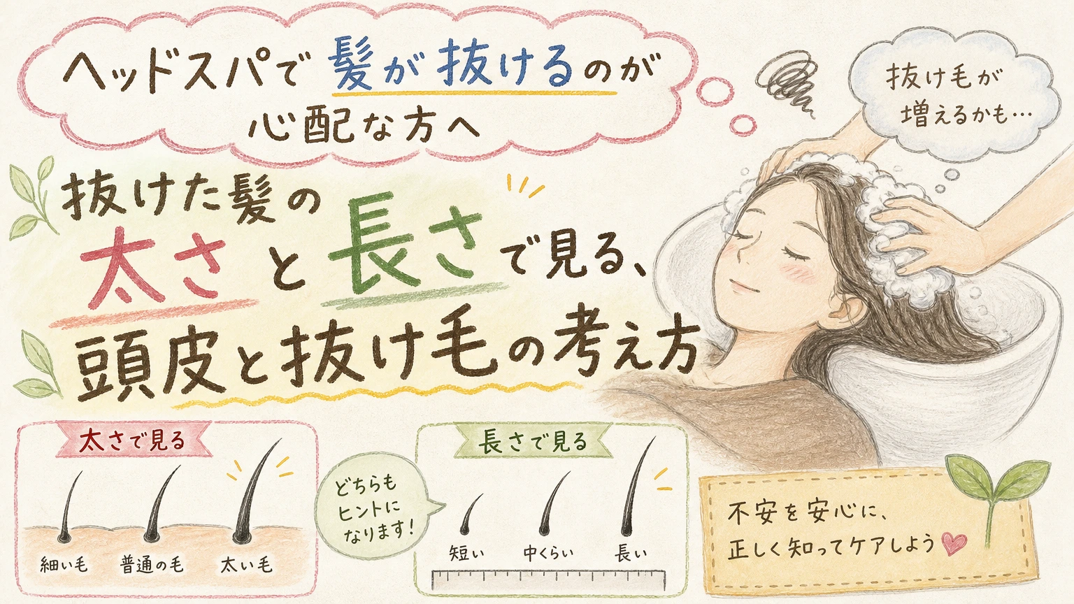 ヘッドスパで髪が抜けるのが心配な方へ|抜け毛の見方と受け方の目安の内容を示すアイソメトリック図解