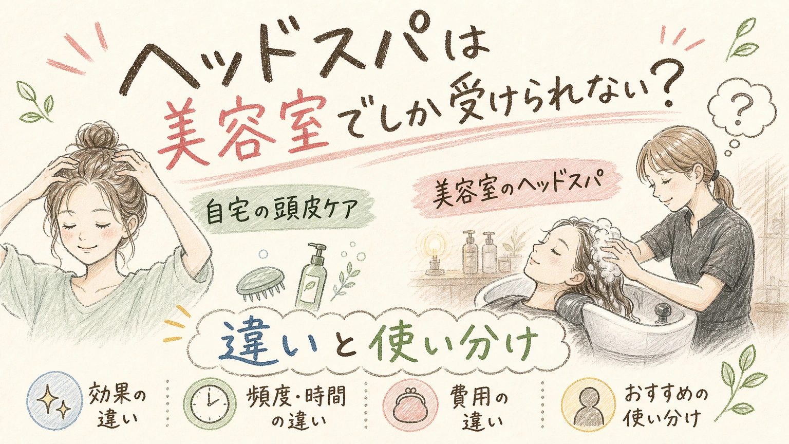 ヘッドスパは美容室でしか受けられない?自宅ケアとの違いと使い分けの内容を示すアイソメトリック図解