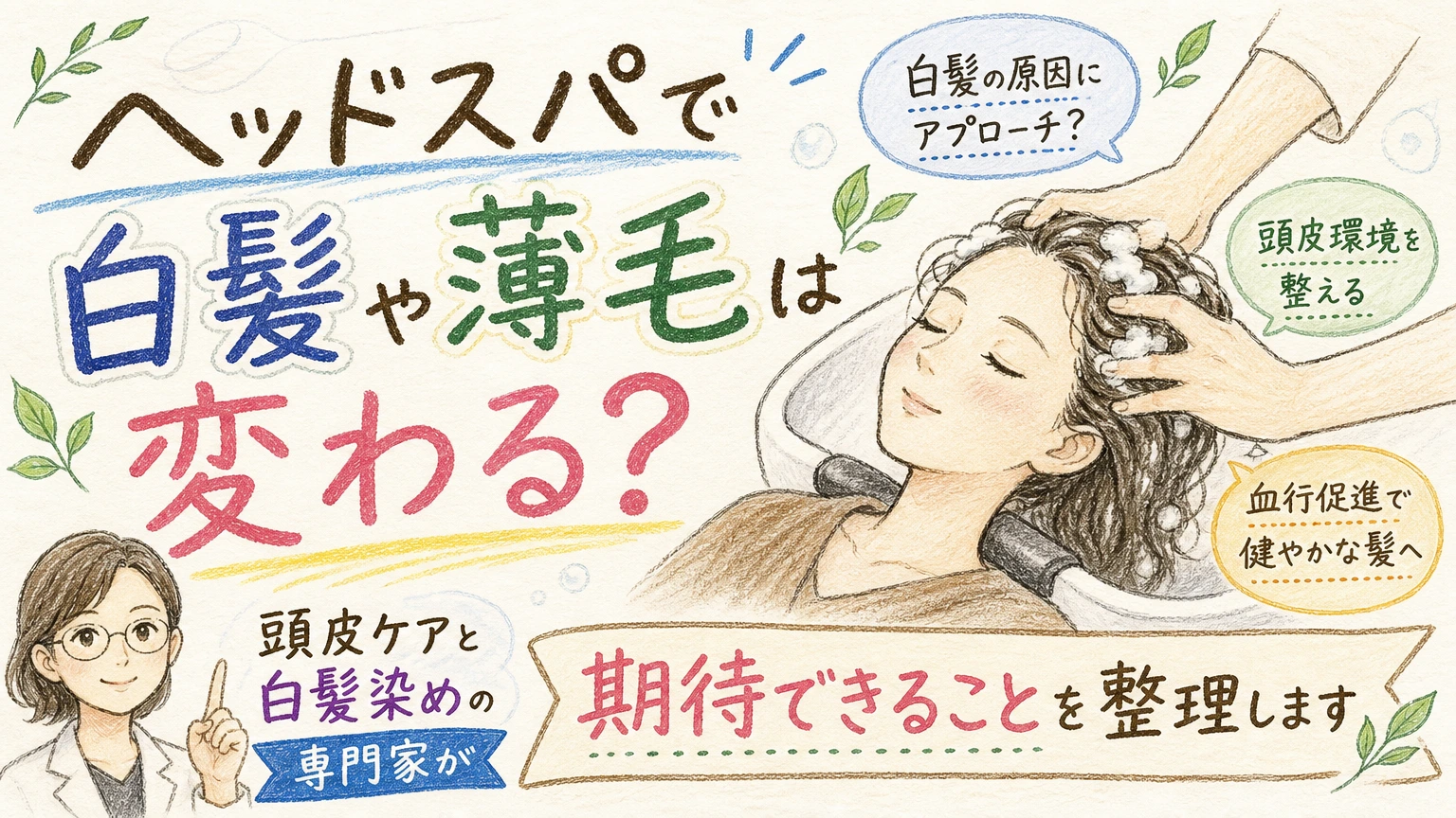 ヘッドスパで白髪や薄毛は変わる?期待できることとできないことの内容を示すアイソメトリック図解
