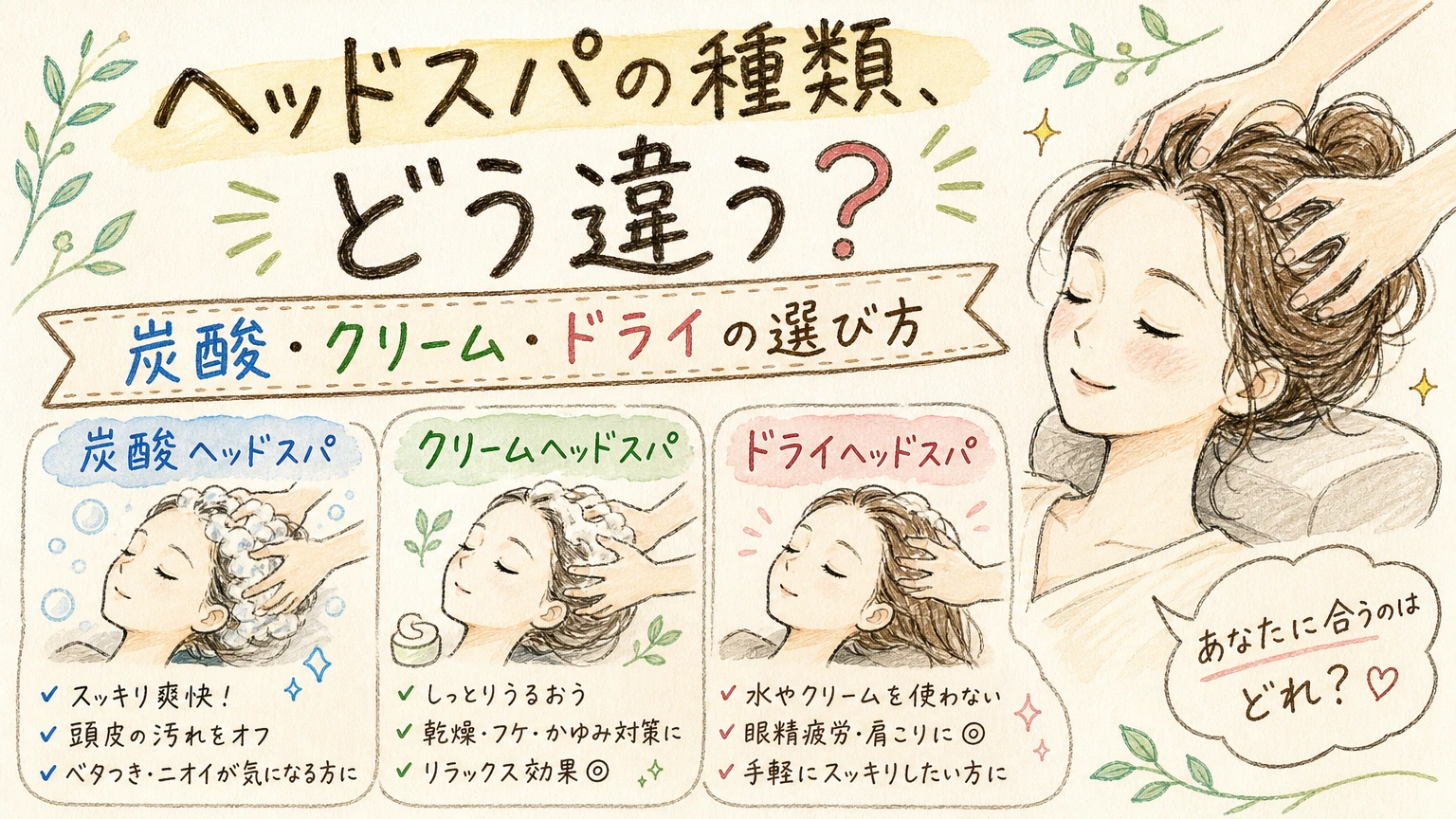 ヘッドスパの種類はどう違う？炭酸・クリーム・ドライの選び方の内容を示すアイソメトリック図解