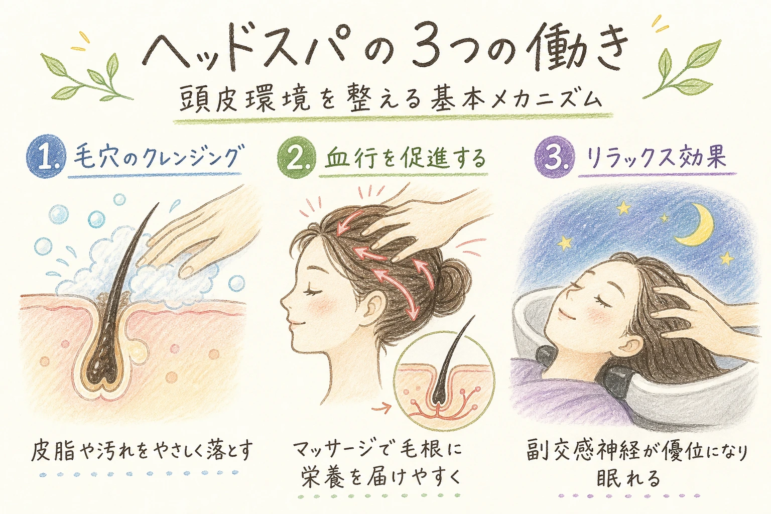 ヘッドスパが頭皮にもたらす3つの働きを示す手書きイラスト風の本文図解