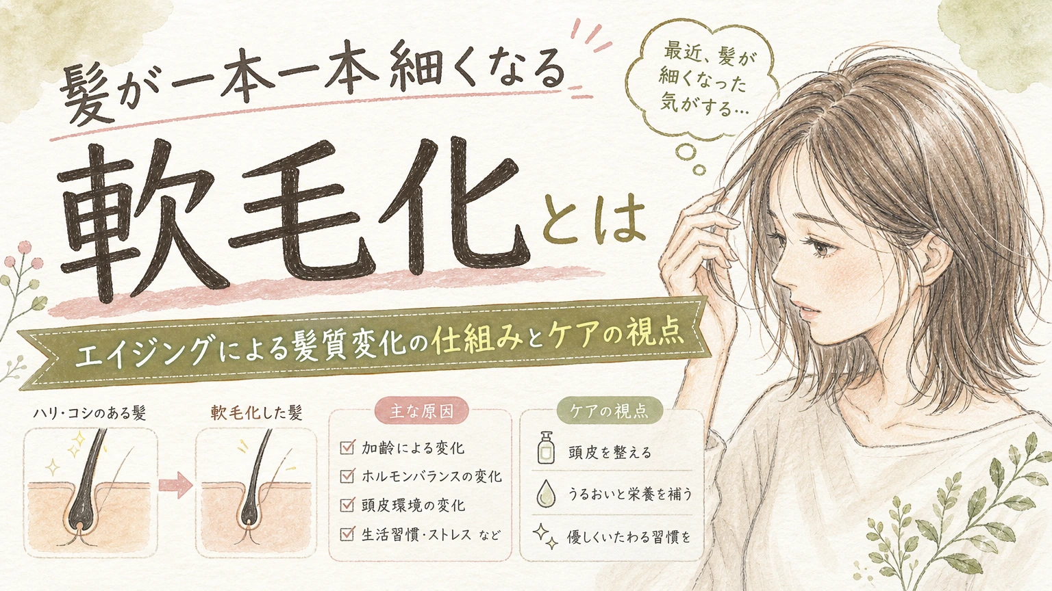 髪が一本一本細くなった気がする方へ|40〜60代の軟毛化とケアの内容を示すアイソメトリック図解