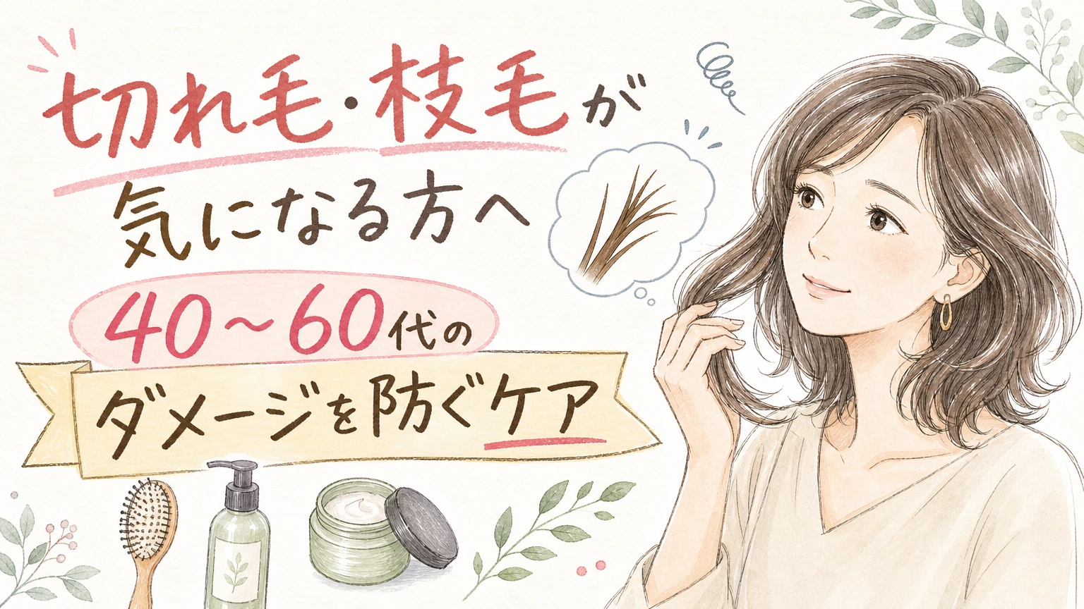 切れ毛・枝毛が気になる方へ|40〜60代の原因とダメージを防ぐケアの内容を示すアイソメトリック図解