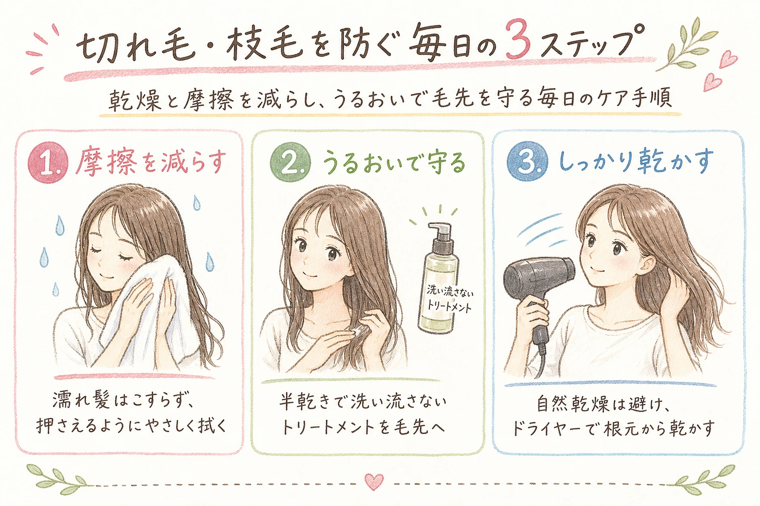 切れ毛・枝毛を防ぐ毎日の3ステップ|乾燥と摩擦を減らし、うるおいで毛先を守る毎日のケア手順