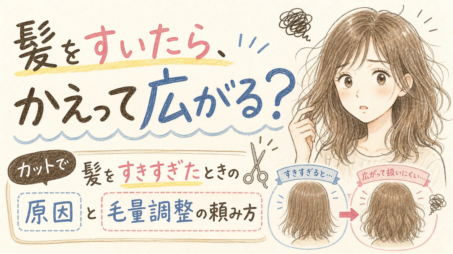 髪をすきすぎて広がる・パサつく方へ|40〜60代の毛量調整の頼み方の内容を示すアイソメトリック図解