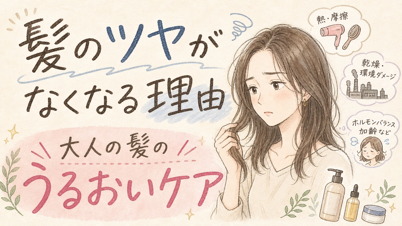 40〜60代の髪のツヤがなくなる原因｜うるおいを守る大人のツヤケアの内容を示すアイソメトリック図解