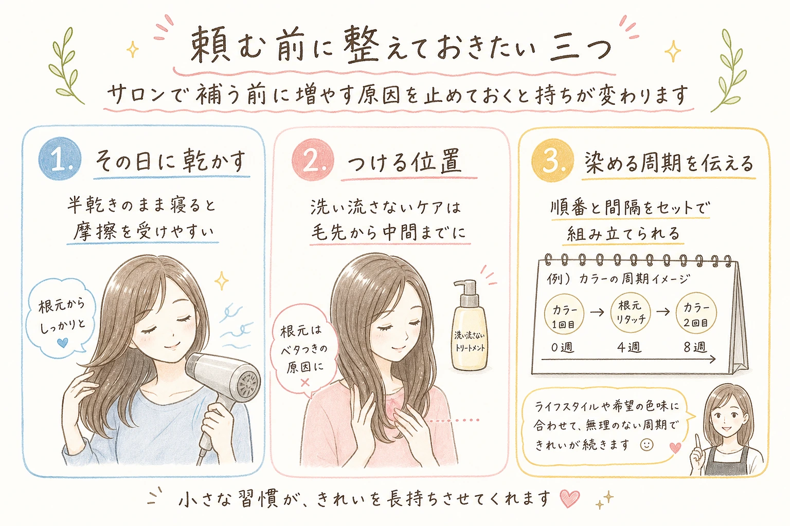 頼む前に整えておきたい三つ｜サロンで補う前に増やす原因を止めておくと持ちが変わります