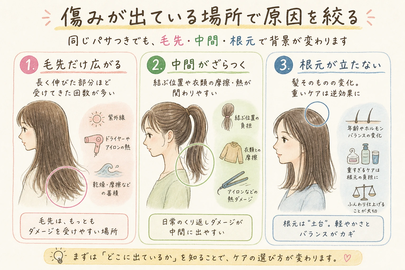傷みが出ている場所で原因を絞る｜同じパサつきでも、毛先・中間・根元で背景が変わります
