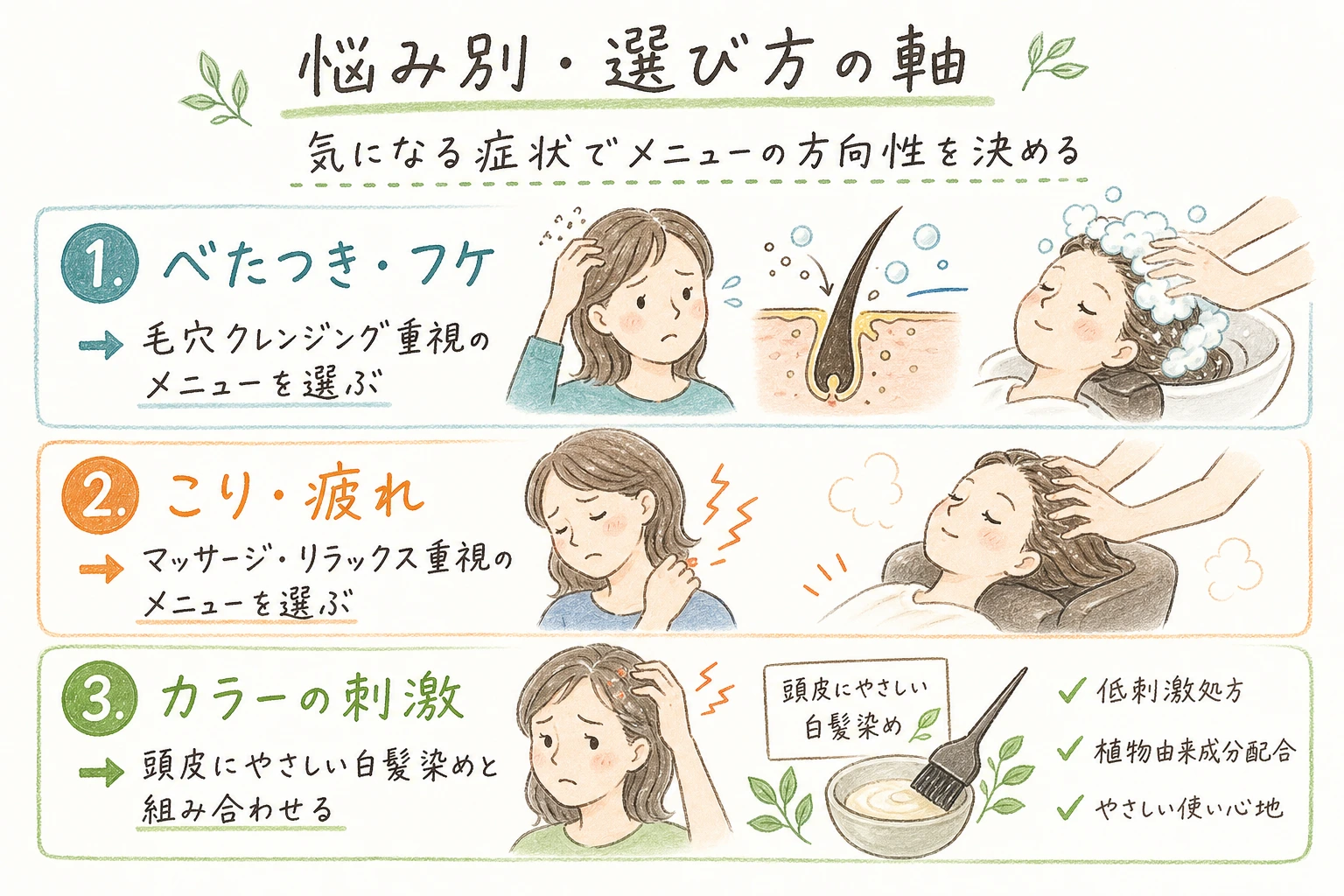 悩み別・選び方の軸｜気になる症状でメニューの方向性を決める
