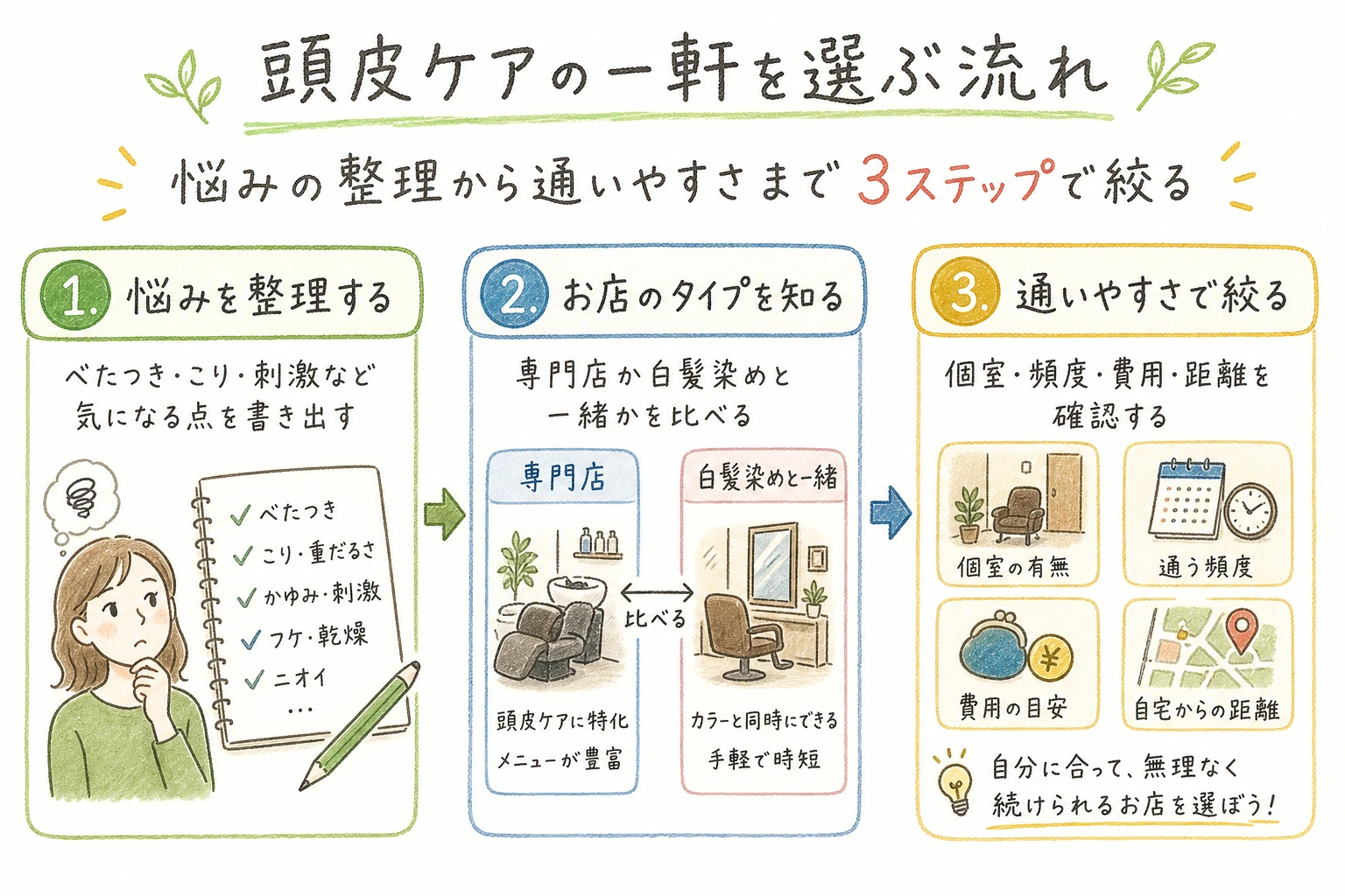 頭皮ケアの一軒を選ぶ流れ｜悩みの整理から通いやすさまで3ステップで絞る