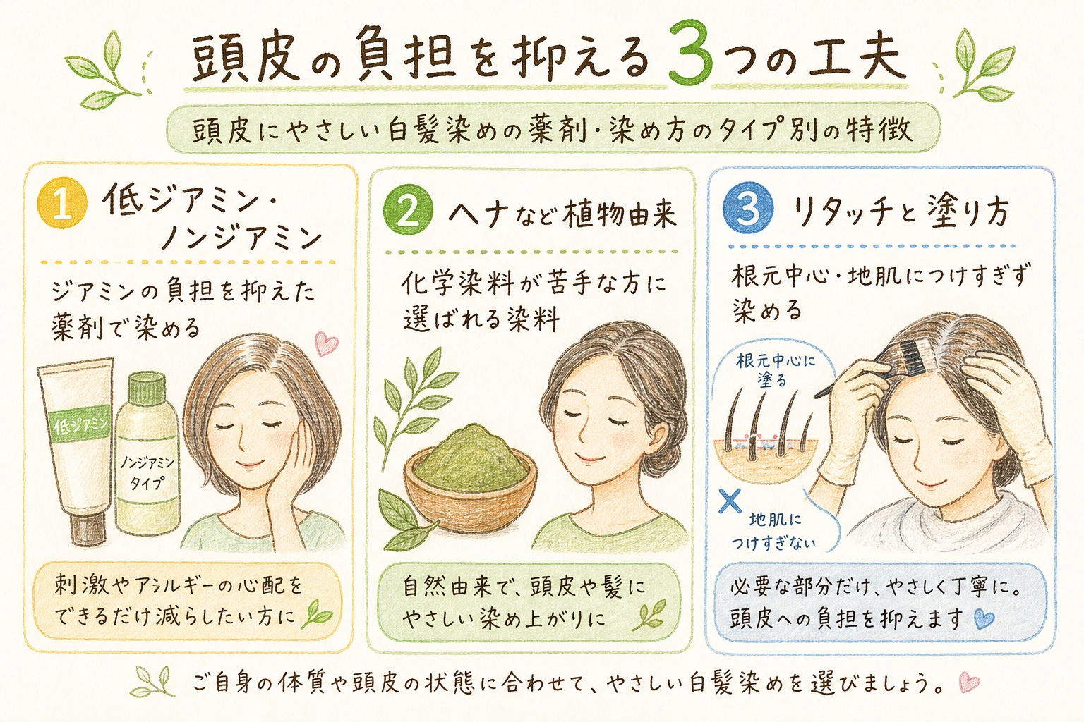 頭皮の負担を抑える3つの工夫｜頭皮にやさしい白髪染めの薬剤・染め方のタイプ別の特徴