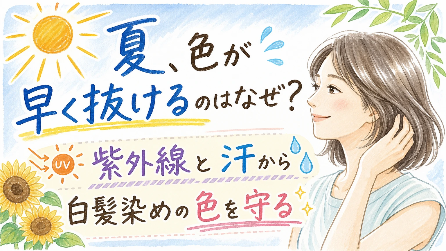 夏に白髪染めの色が早く抜ける理由｜紫外線と汗から色を守るケアの内容を示すアイソメトリック図解