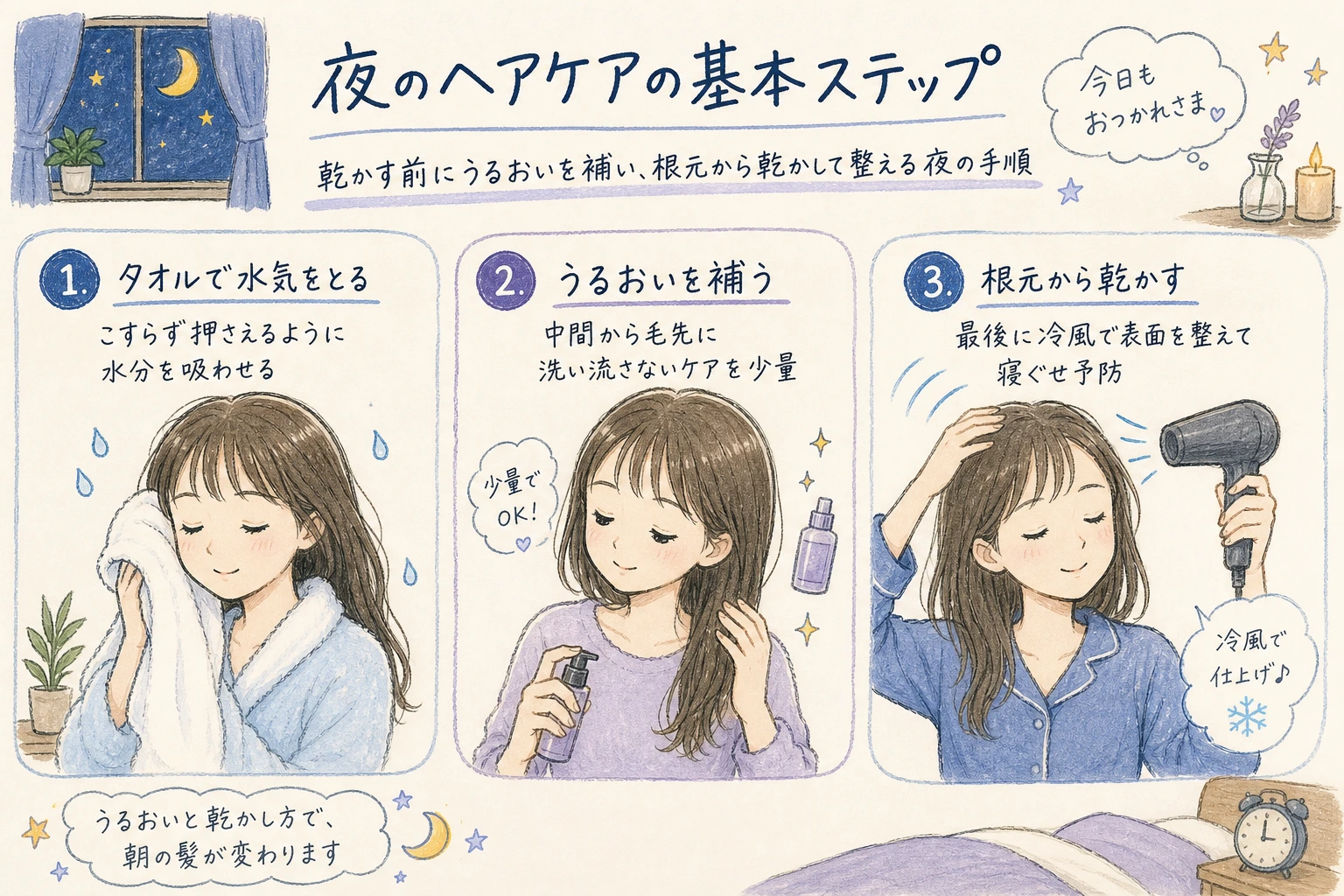 夜のヘアケアの基本ステップ｜乾かす前にうるおいを補い、根元から乾かして整える夜の手順