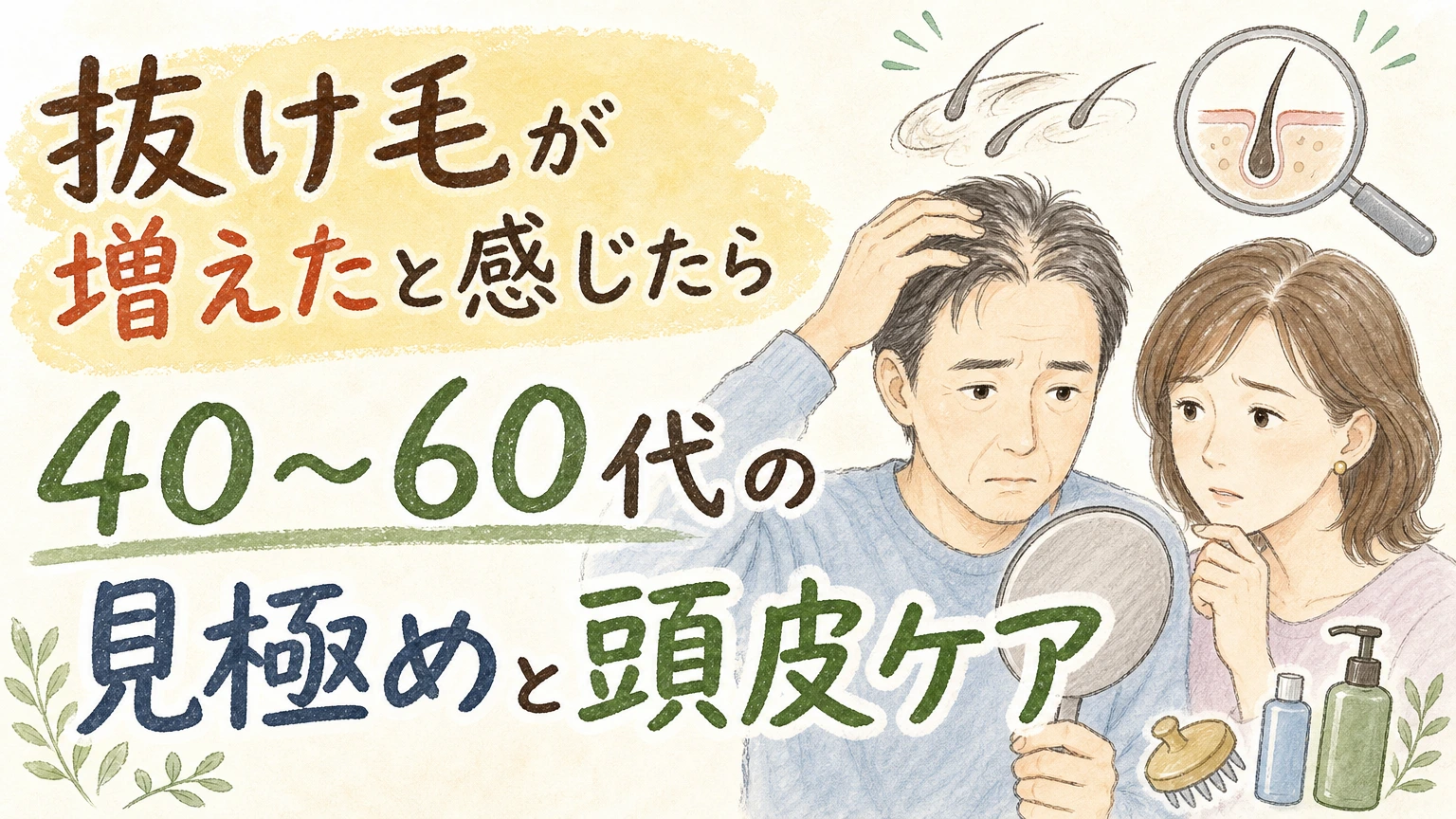 抜け毛が増えたと感じる方へ|40〜60代の原因の見極めと頭皮ケアの内容を示すアイソメトリック図解