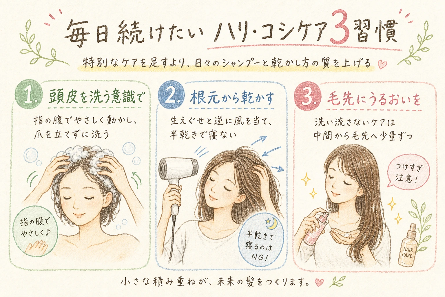 毎日続けたいハリ・コシケア3習慣｜特別なケアを足すより、日々のシャンプーと乾かし方の質を上げる