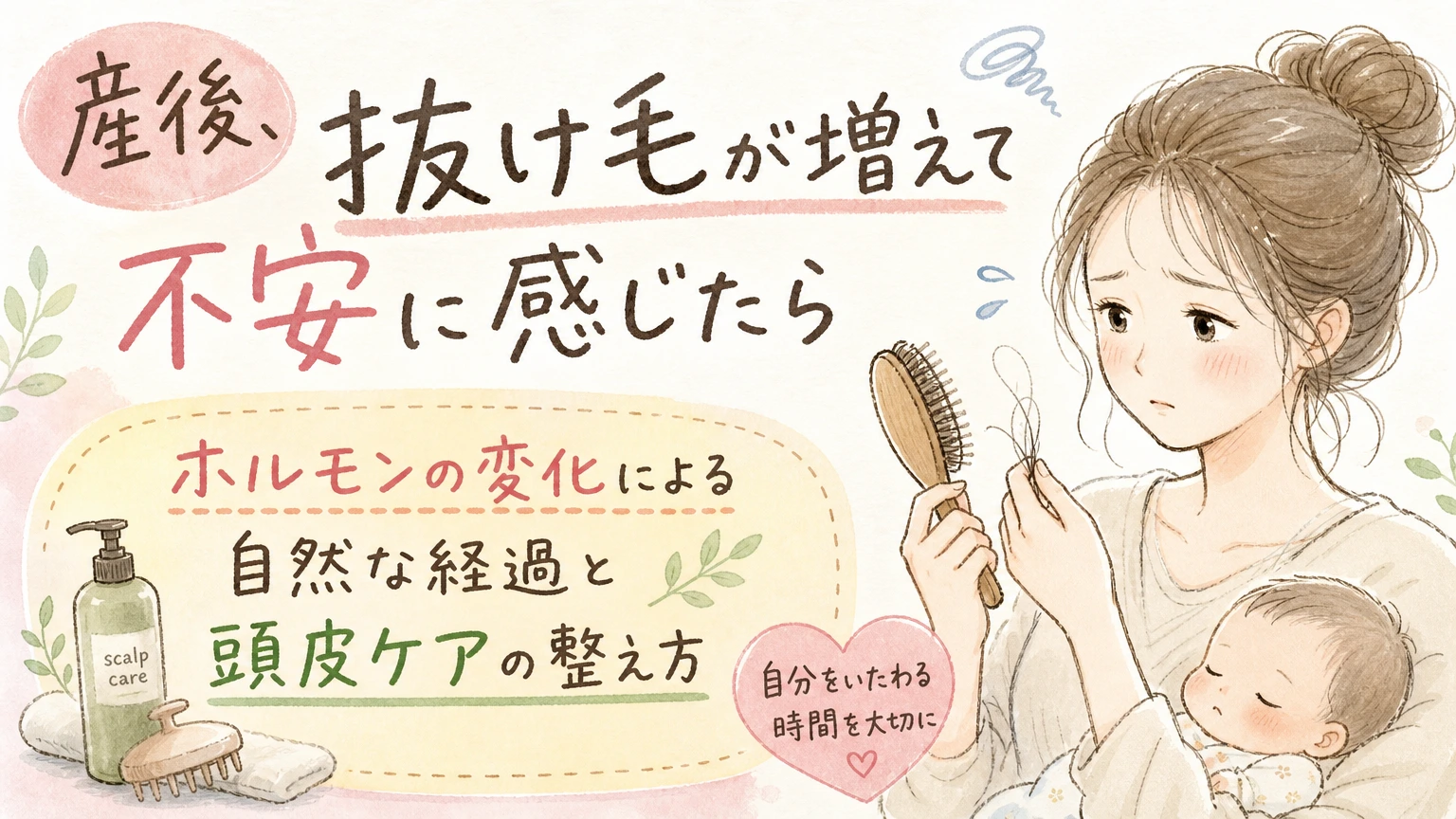 産後の抜け毛が気になる方へ|原因とヘッドスパでできる頭皮ケアの内容を示すアイソメトリック図解