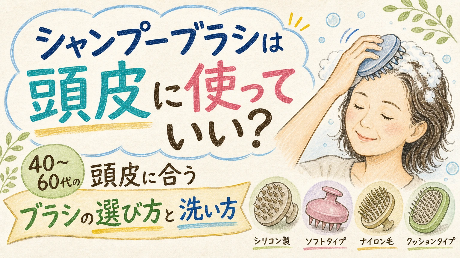シャンプーブラシは頭皮に使っていい?|40〜60代の選び方と使い方の内容を示すアイソメトリック図解