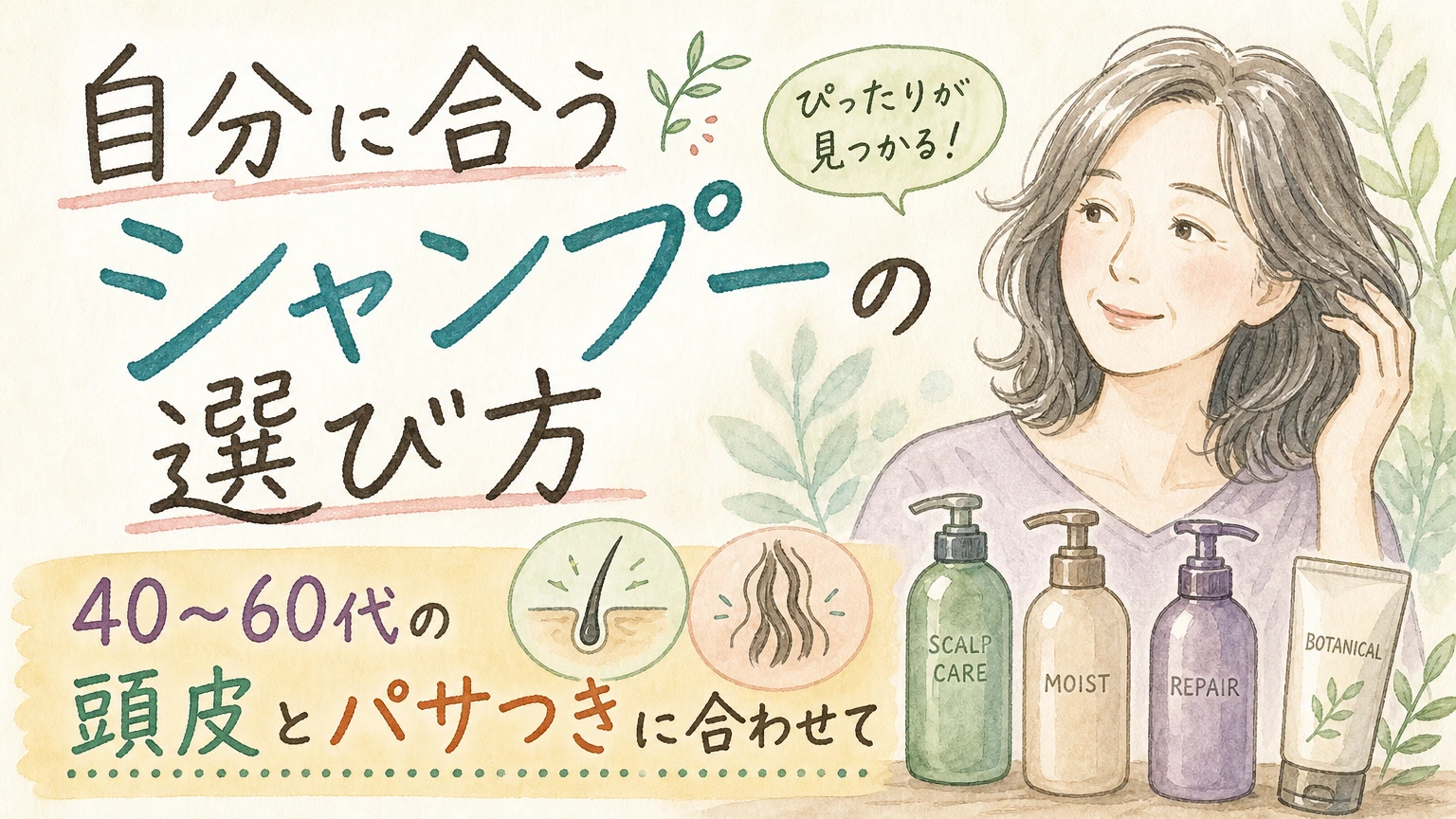40〜60代のシャンプーの選び方｜頭皮とパサつきで選ぶコツの内容を示すアイソメトリック図解