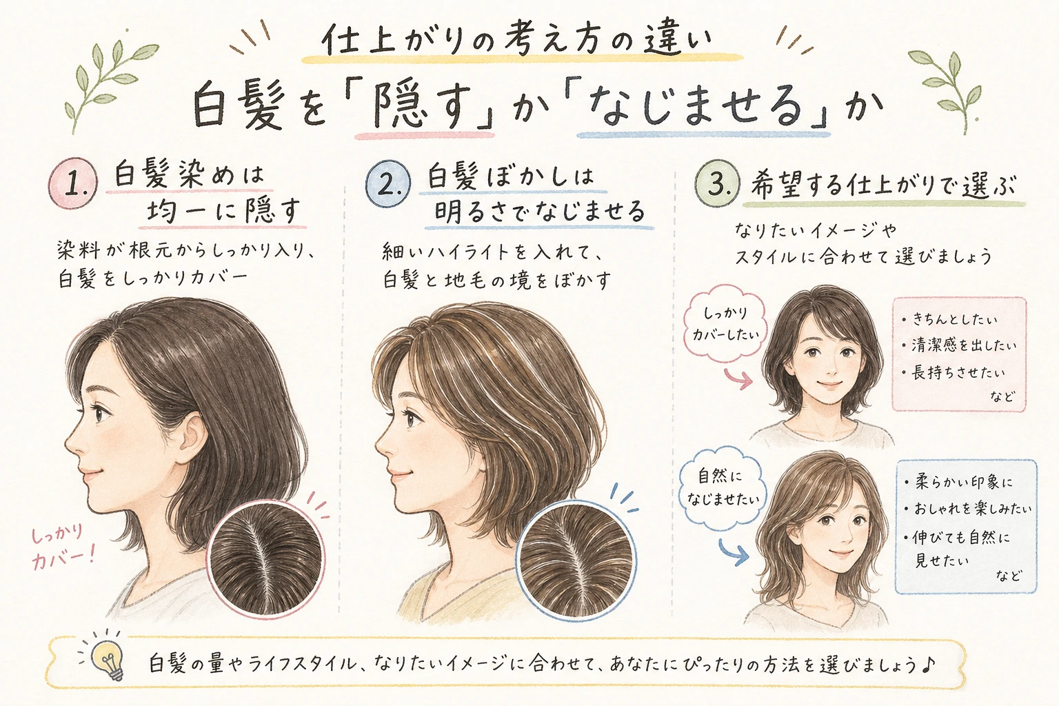 白髪の悩みに関する手書きイラスト風の本文図解