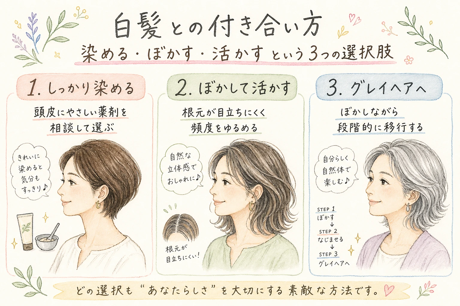 白髪との付き合い方｜染める・ぼかす・活かすという3つの選択肢