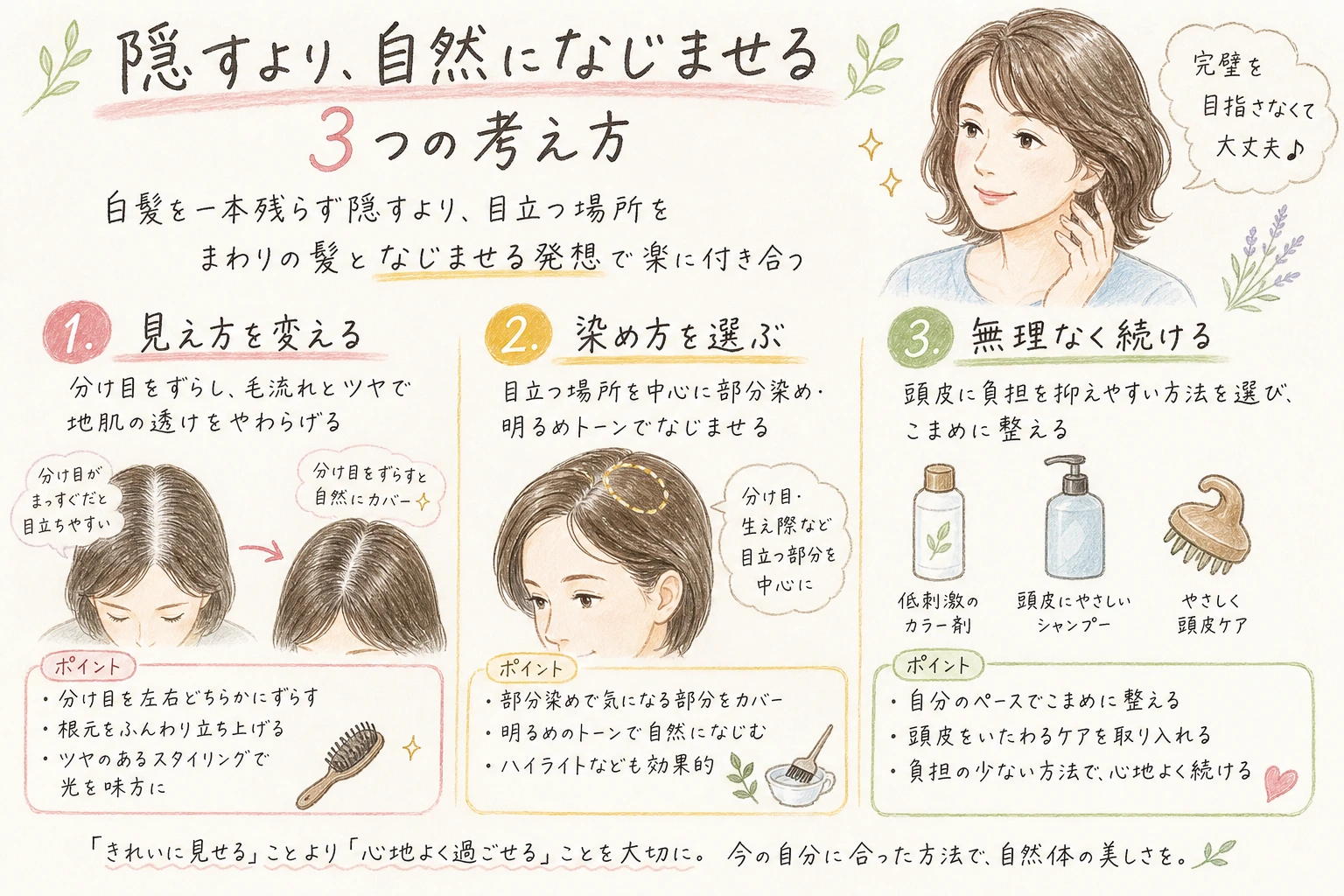 隠すより、自然になじませる3つの考え方｜白髪を一本残らず隠すより、目立つ場所をまわりの髪となじませる発想で楽に付き合う