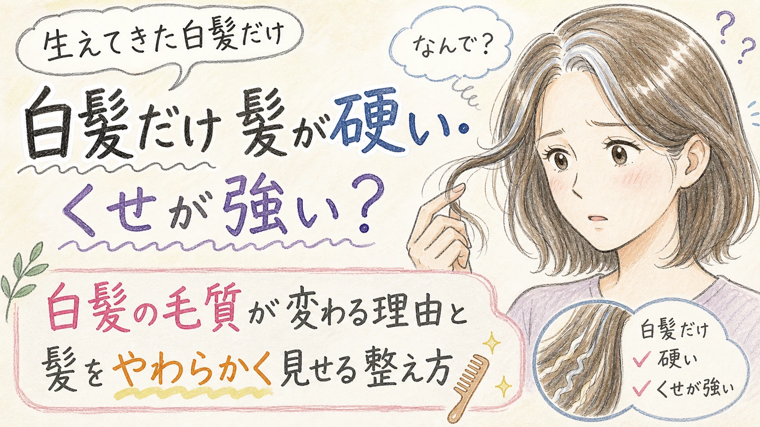 生えてきた白髪だけ硬い・くせが強い方へ|髪質が変わる理由と整え方の内容を示すアイソメトリック図解