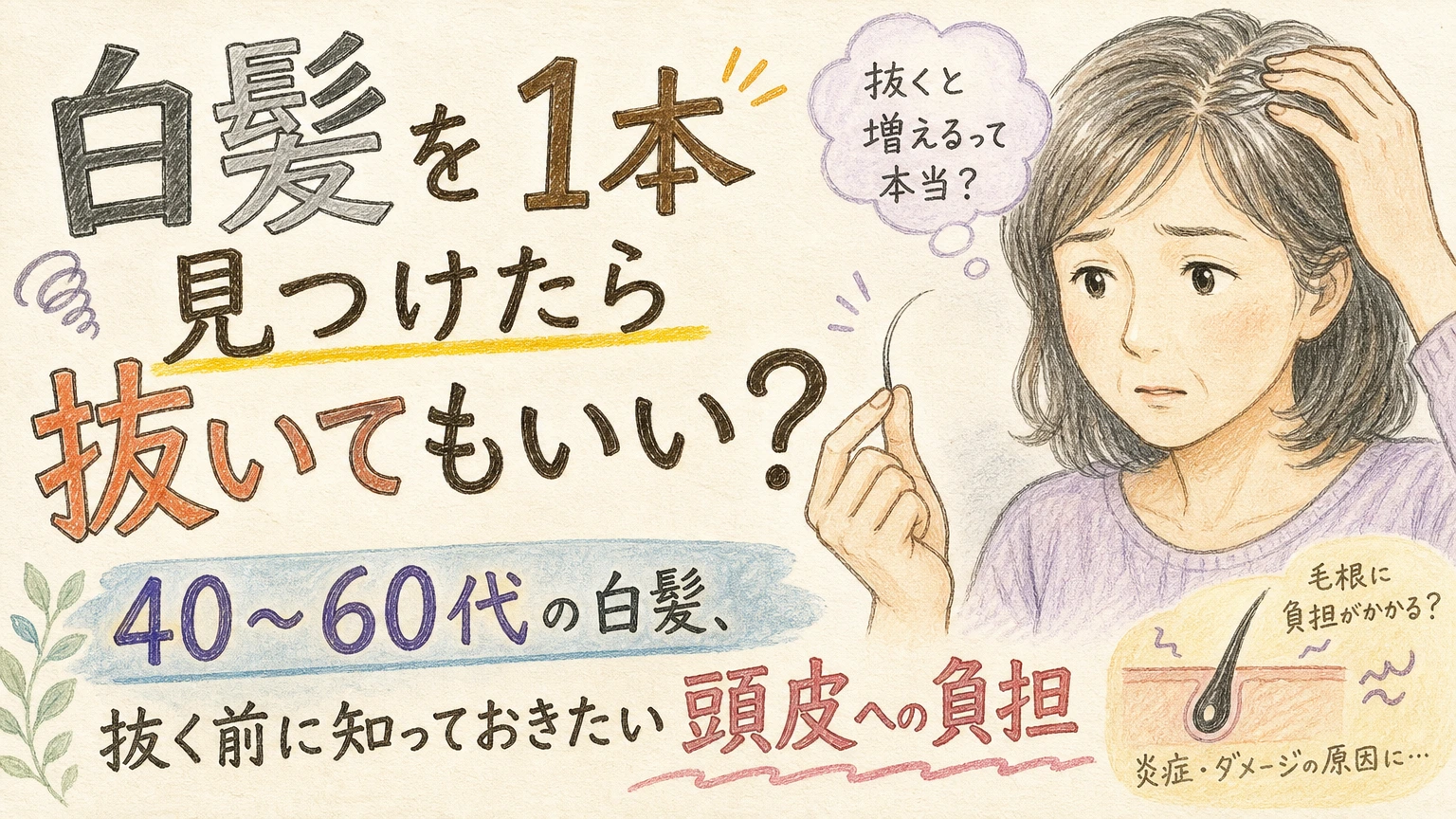白髪は抜いてもいい?1本だけ目立つときの頭皮への負担と対処法の内容を示すアイソメトリック図解