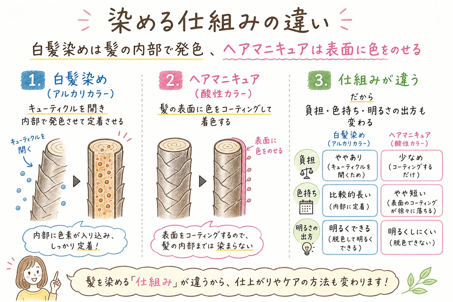 染める仕組みの違い｜白髪染めは髪の内部で発色、ヘアマニキュアは表面に色をのせる