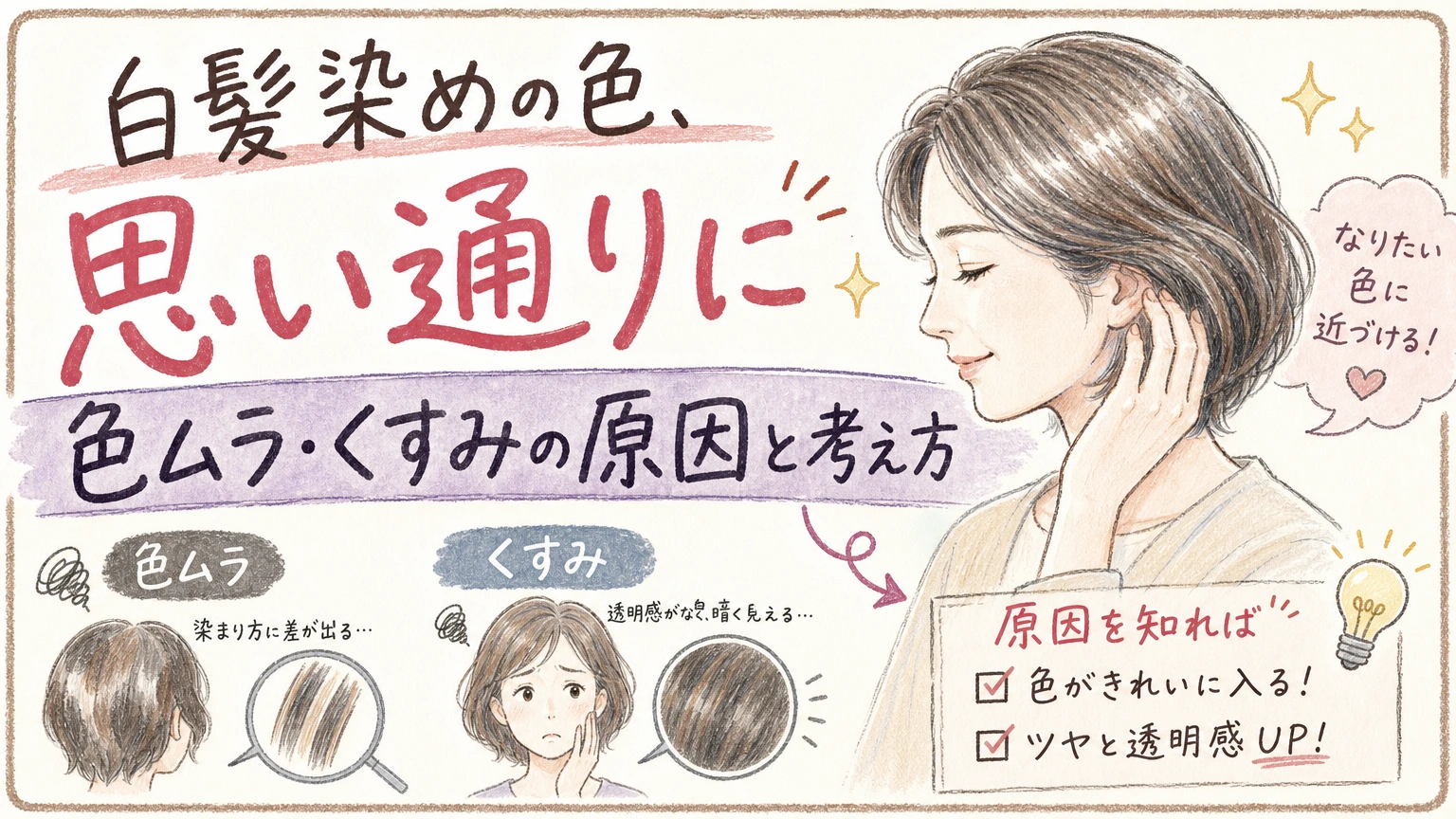 白髪染めが思った色にならない方へ|色ムラ・くすみの原因と考え方の内容を示すアイソメトリック図解