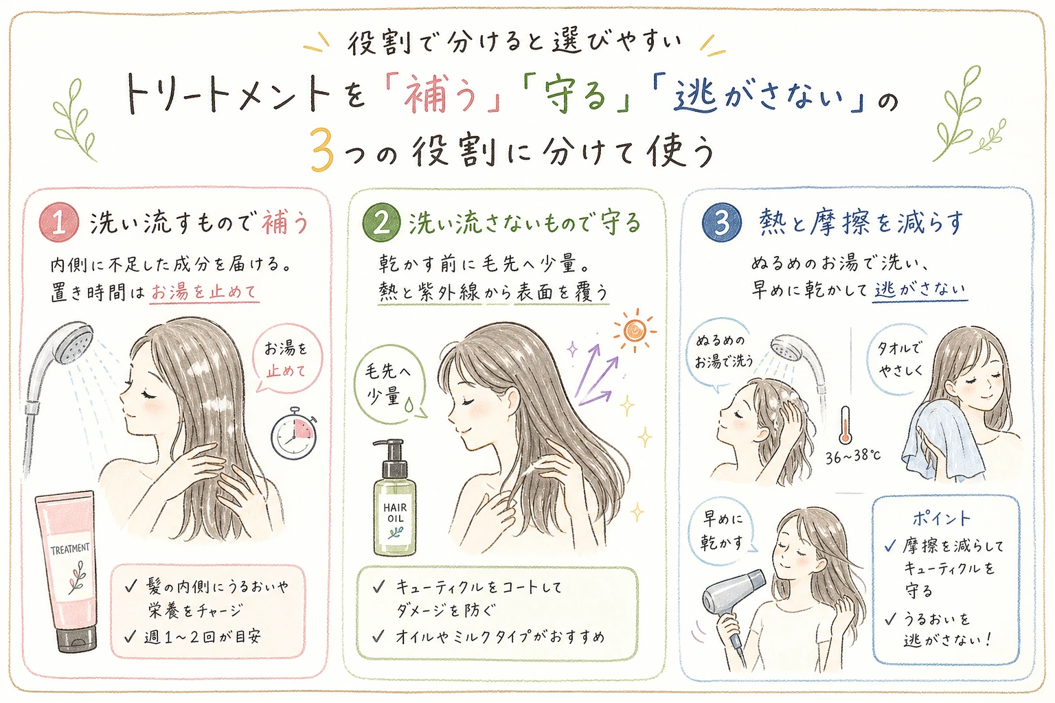 役割で分けると選びやすい|トリートメントを「補う」「守る」「逃がさない」の3つの役割に分けて使う