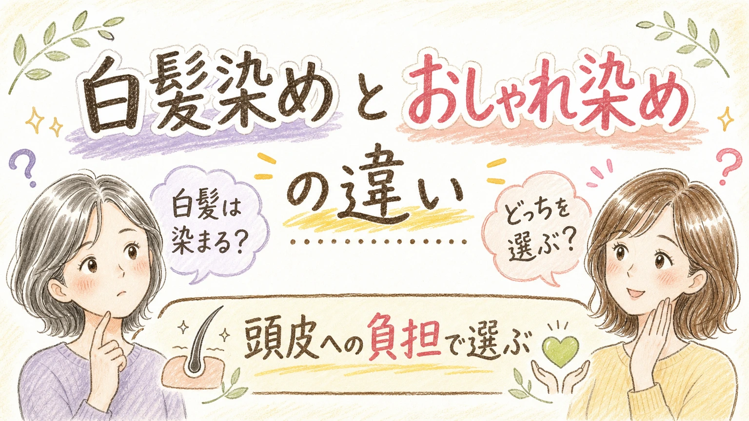 白髪染めとおしゃれ染めの違い｜白髪は染まる？頭皮への負担で選ぶの内容を示すアイソメトリック図解