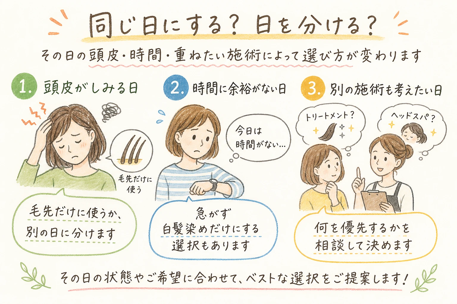 同じ日にする？日を分ける？｜その日の頭皮・時間・重ねたい施術によって選び方が変わります